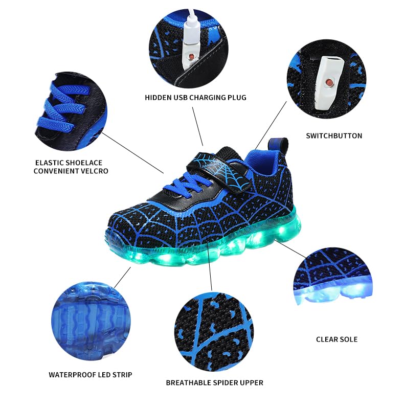 YUNICUS Kids Light Up Shoes Led Flash Sneakers with Spider Upper USB Charge for Boys Girls Toddles Best Gift for Birthday Thanksgiving Christmas Day2