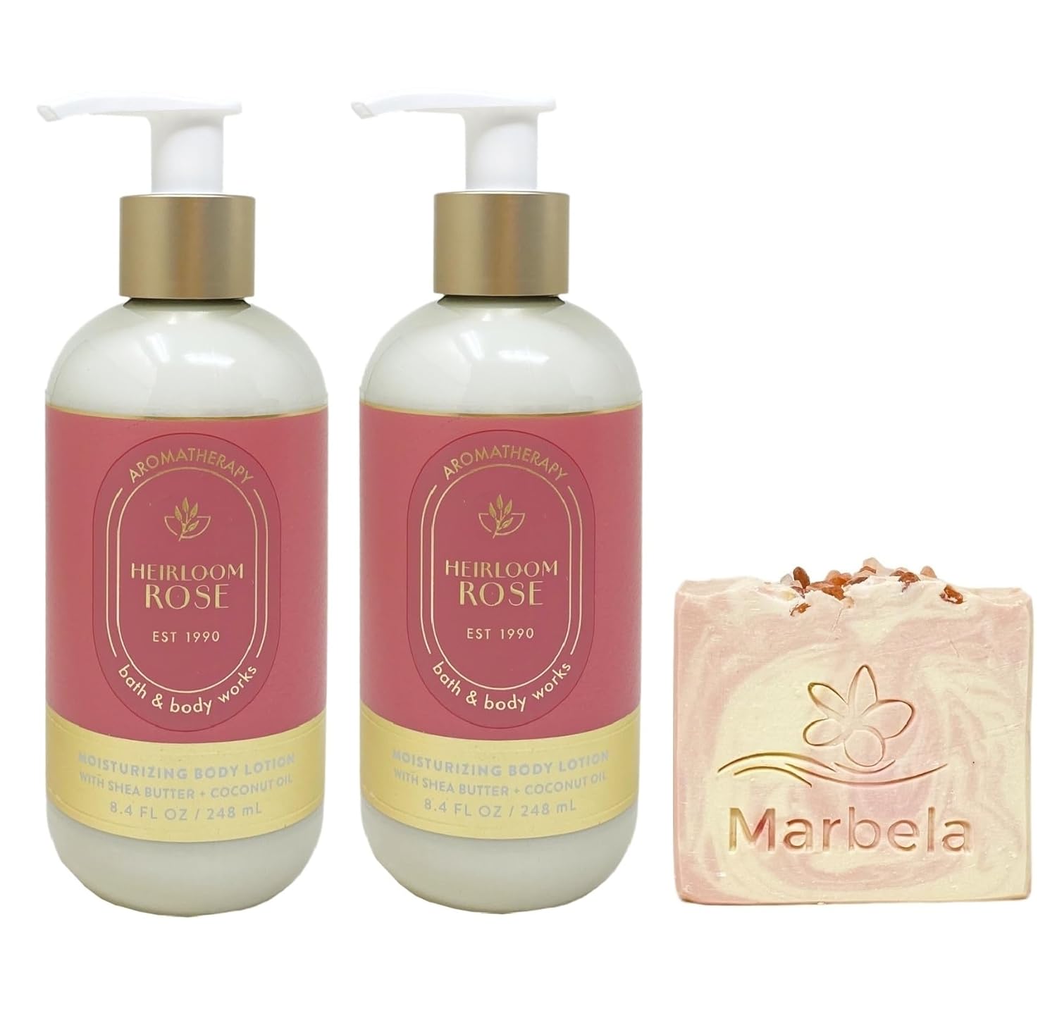 Bath & Body Works Aromatherapy Heirloom Rose 2 Pack Body Lotion Bundle with a Himalayan Salts Springs Bar Soap - Full Size