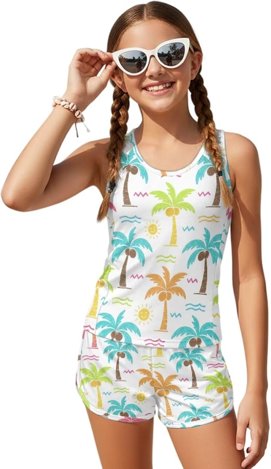 Girls Bathing Suits Crew Neck Tankini Two Piece Swimsuits Comfy Tankini Swimsuits Girls' Swimwear Size 6-15
