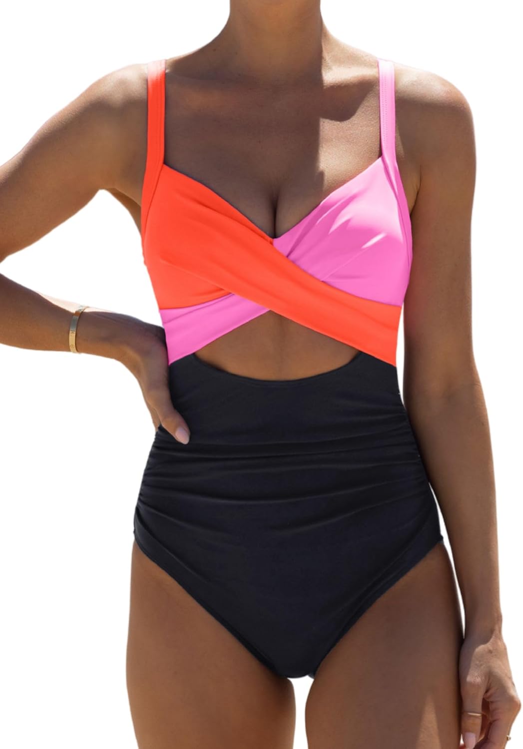 popvil One Piece Swimsuit Women Tummy Control Hight Waisted Bathing Suit V Neck Swimwear Neon Sexy Cut Out Tie Back Swim Suit