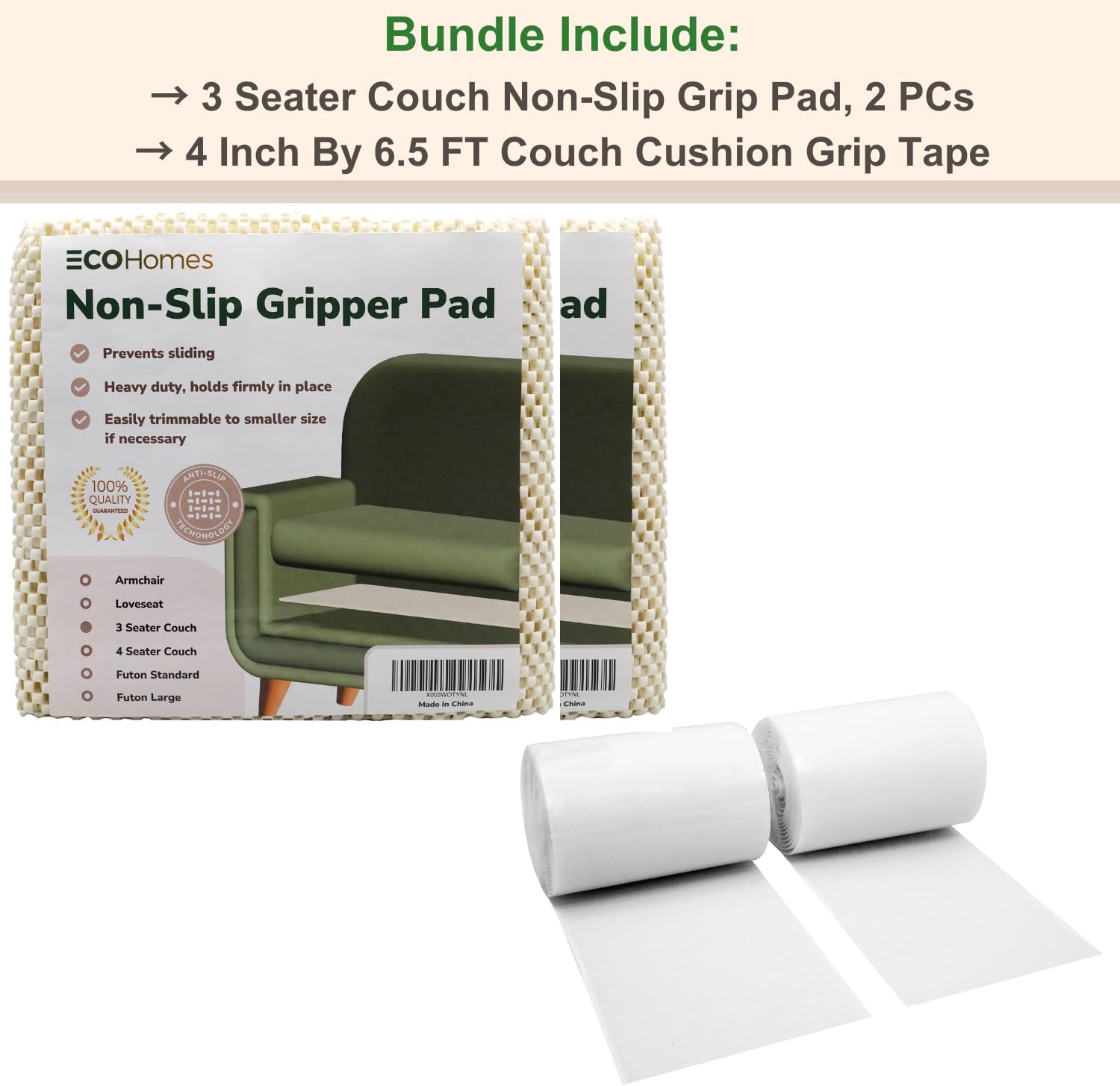 ECOHomes Bundle - 2 PCs 3 Seater Couch Grip Pad + 4" by 6.5 FT Couch Cushion Grip Tape