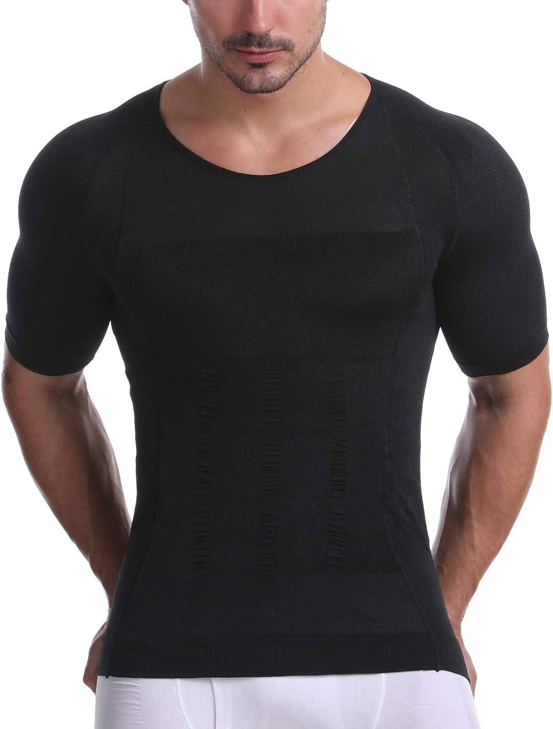 Men's Compression Shirt Slimming Short Sleeve Baselayer Body Shaper Workout T-Shirt Cool Dry Shapewear Undershirt, 1859, Black, L