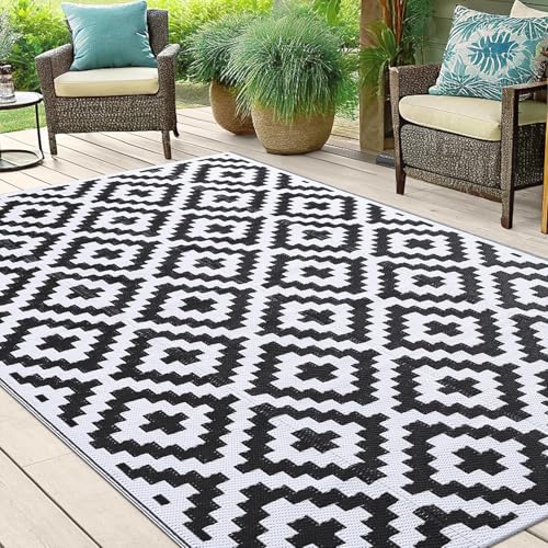 smiry Outdoor Teppich Wasserfest Balkon Camping Teppiche UV-beständig Waschbar Außenteppich Draussen Wendbarer für Terrasse, Garten, Wohnmobil - 120 x 180 cm, Schwarz & Weiß