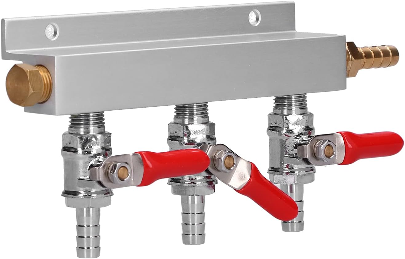 Gas Manifold, 3 Way CO2 Gas Distributor 5/16in Barb with Beer Integrated Check Valves Independent Shutoff for Kegerator Splitter