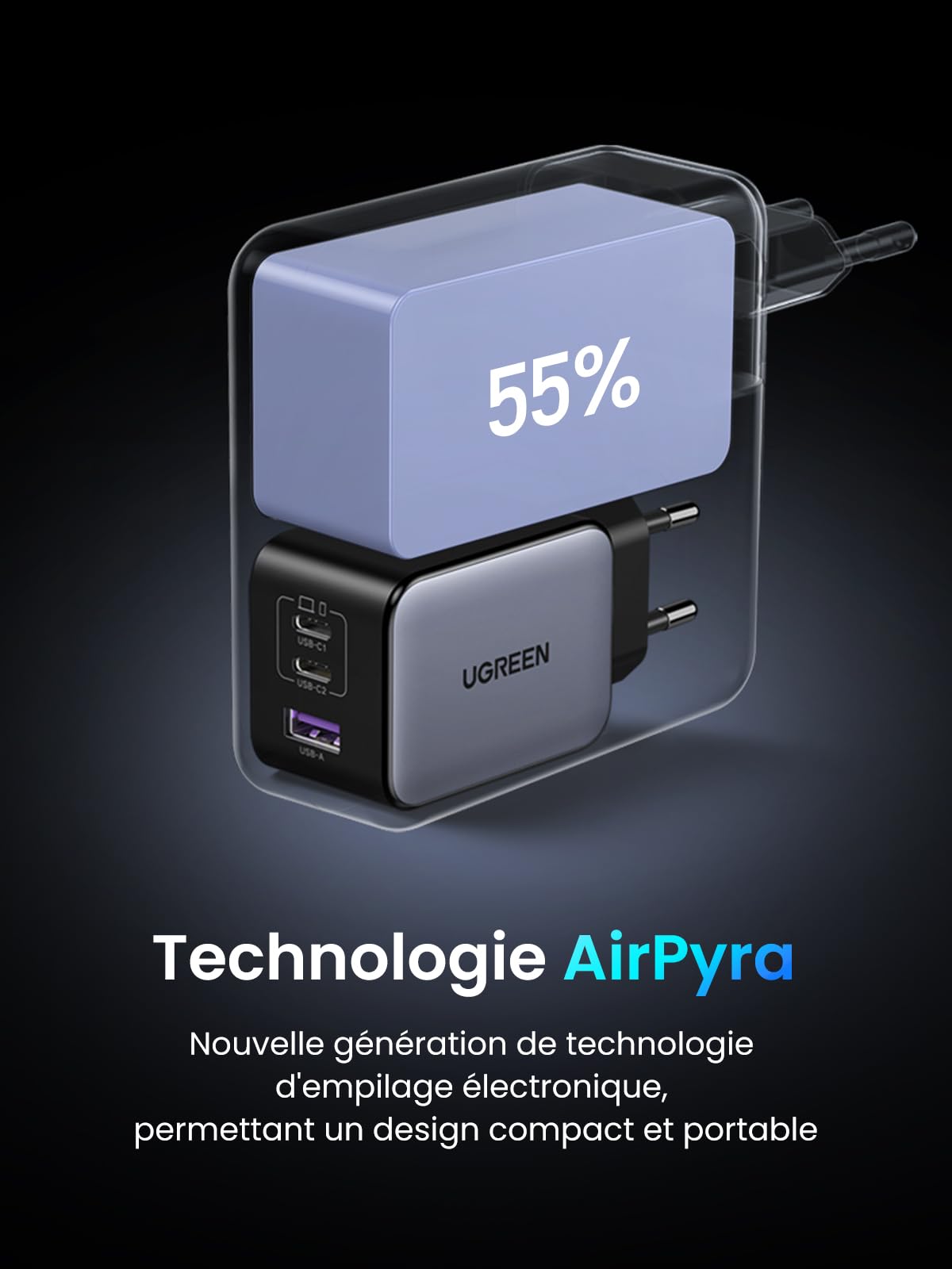 UGREEN Nexode 65W USB C Chargeur Rapide 3 Ports GaNInfinity Prise USB C