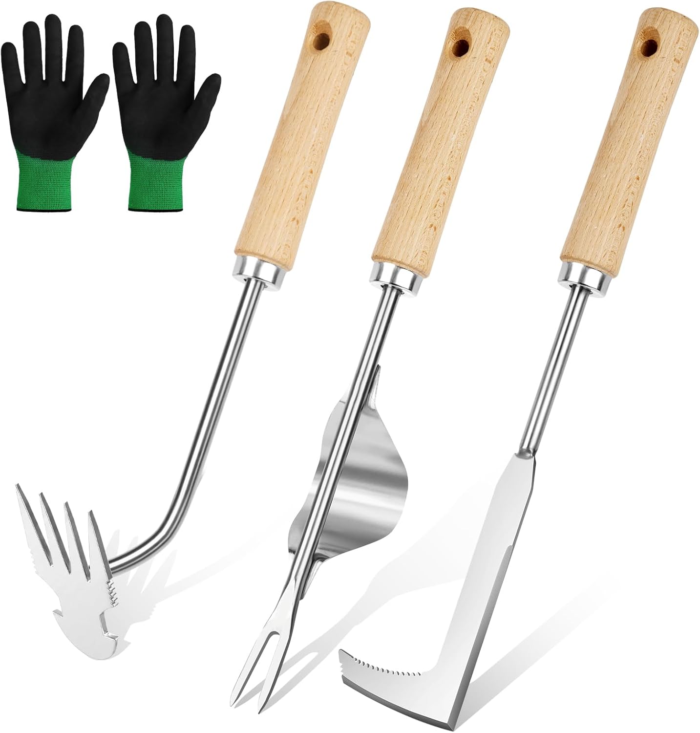 3PCS Stainless Steel Hand Weeder Tool, Weed Remover Tool Set, Manual Weeder Set, Serrated Edge and Long Handle, with Gloves for Backyard Garden Removal Soil Loosening