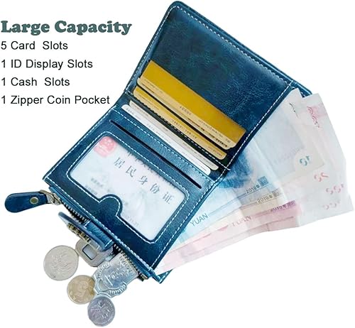 Miniatura 2 de Billetera para mujer, plegable, con bloqueo RFID, de cuero, tarjetero compacto con bolsillo para monedas con cremallera, Azul eléctrico, Pequeña,