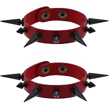 FM FM42 Women Multicolor PU Simulated Leather Black-Tone Long and Short Rivets Spike Spiked Punk Gothic Adjustable Bracelet, Pack of 2