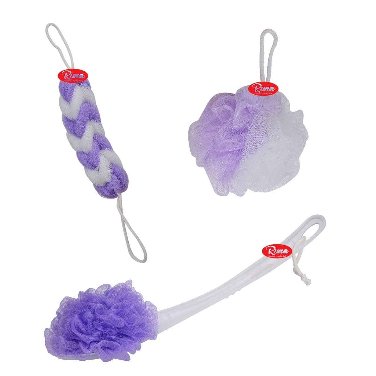RUNA Blue Wash Soft Round Loofah|Back Sponge Loofah|Back Loofah with Long Handle -Bathing For Women,Girls,Men(Combo of 3) Colour (Purple)