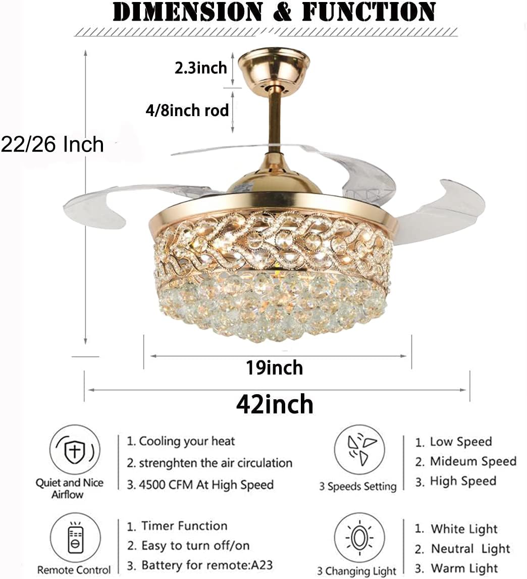 Black Friday Sale 2022 Kankanray 42'' Luxury Crystal Chandelier Ceiling Fan Retractable Ceiling Fan LED Chandelier with Remote Control for Living Room Dining Room Bedroom Silent Lighting Fixture (Rose Gold)