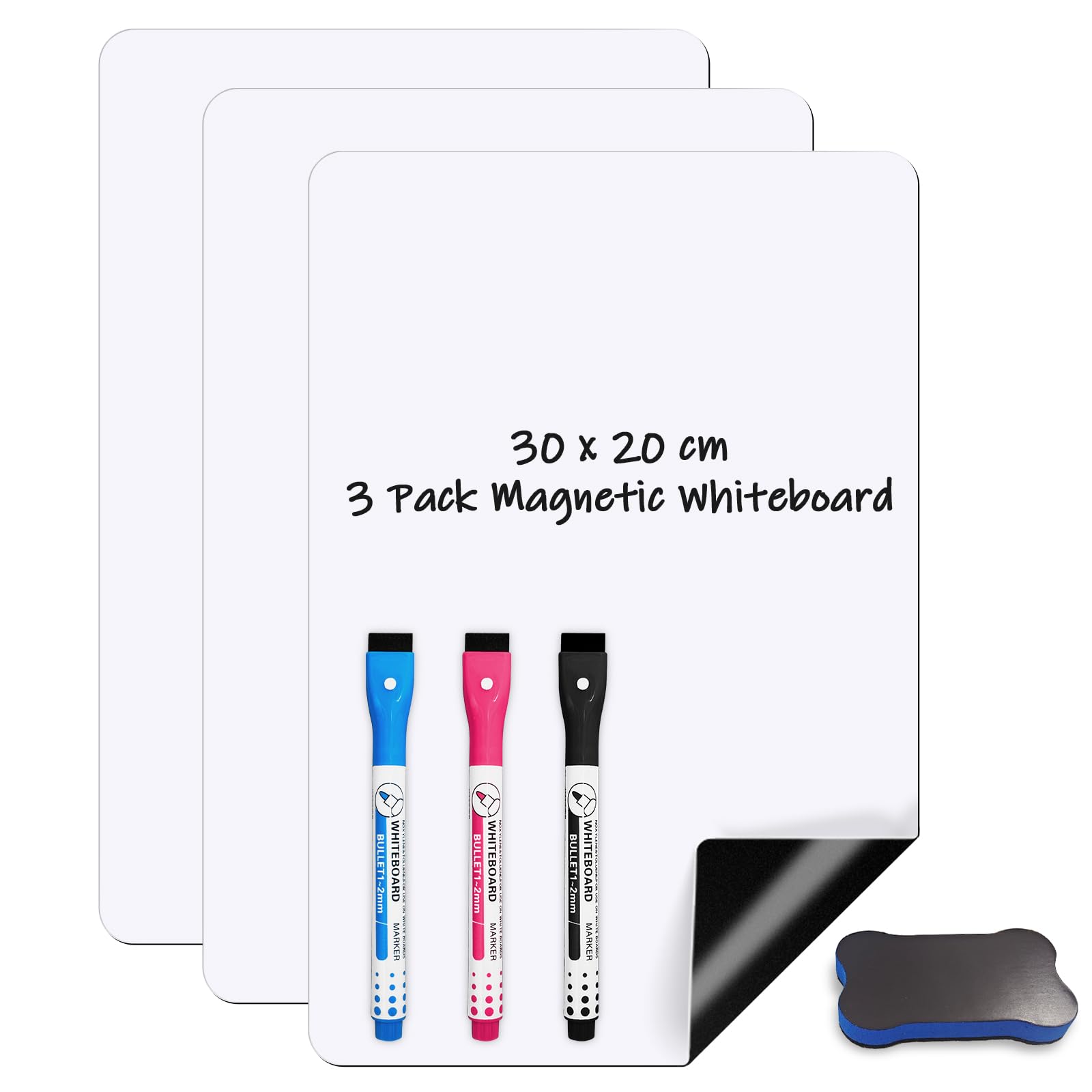 3 Stück Mini Magnetisches Whiteboard für Kühlschrank 30x20cm | Abwischbare A4 Magnetfolie für Küche u. Familie. Zuschneidbarer Wochenplaner. Inkl. 3 magnetische Stifte, 1 Schwamm