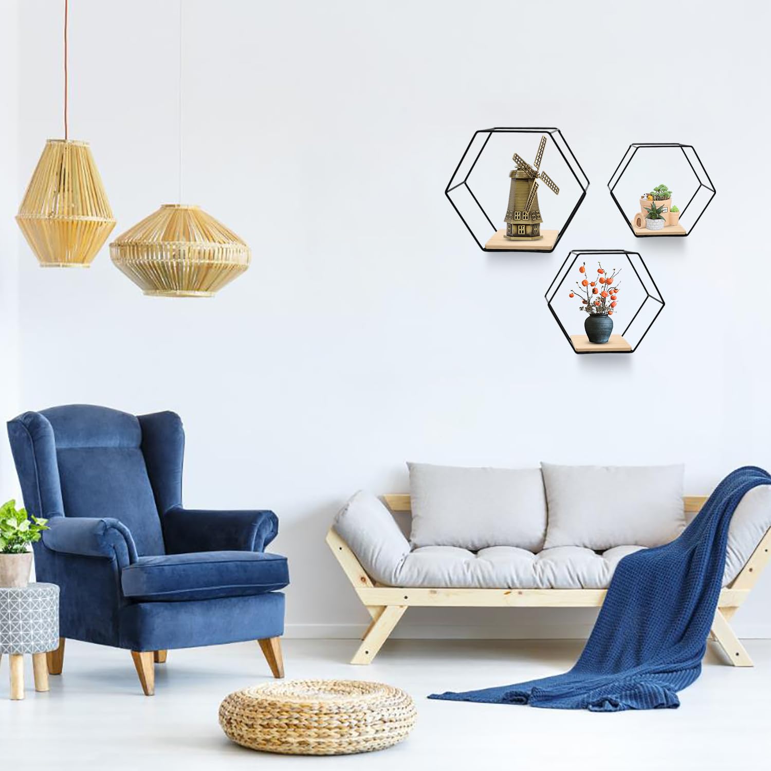 Mensole Galleggianti Esagonali da Parete in Metallo - Set di 3 Moderne Mensole Geometriche Nere per Soggiorno, Camera da Letto - Ornamenti