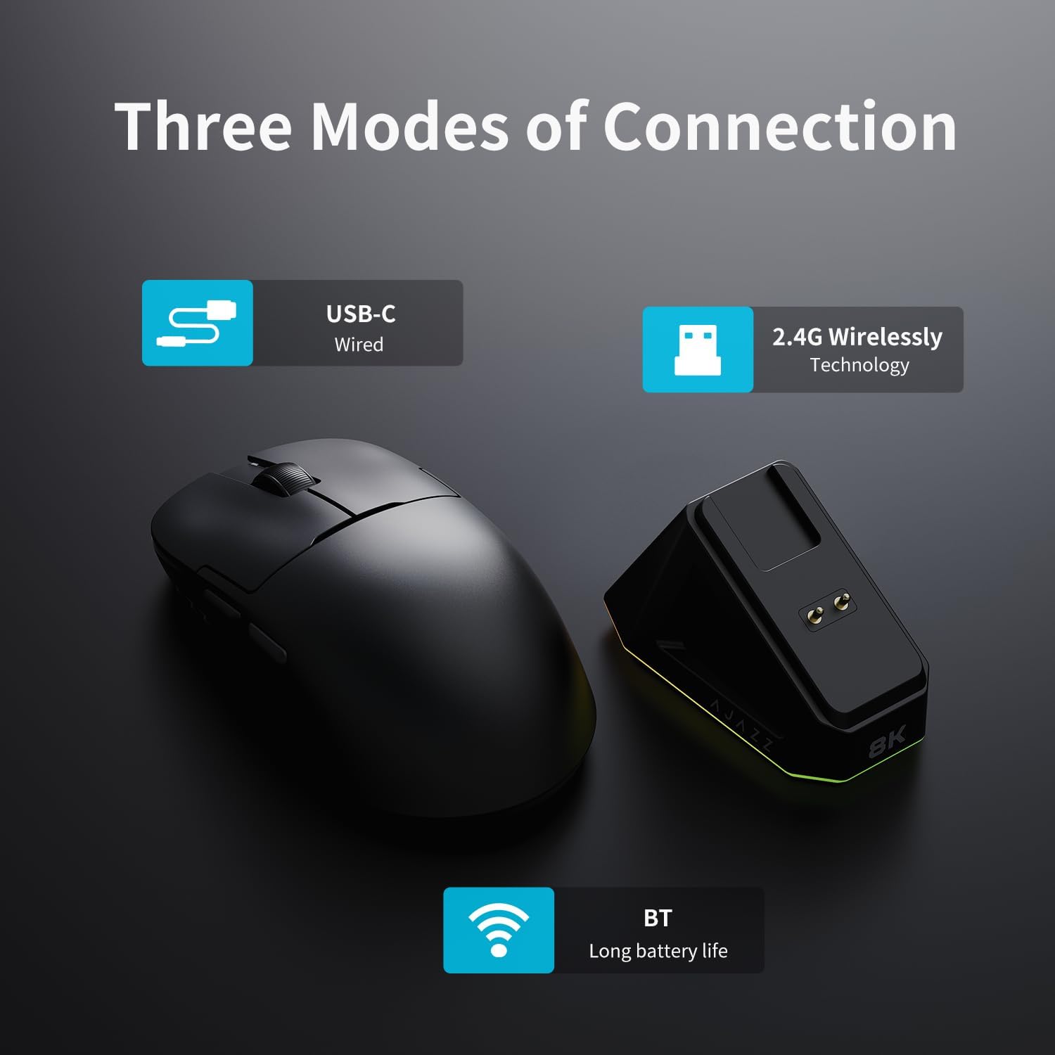 DAIDAI AJ159PRO 8Khz Bluetooth/2.4G/Wired 56G Lightweight Gaming Mouse with Magnetic Charging Dock, PAW3395 Sensor 26KDPI, Huanuo 100 Million Click, 100% ETFE Foot Pad & 8Khz Receiver