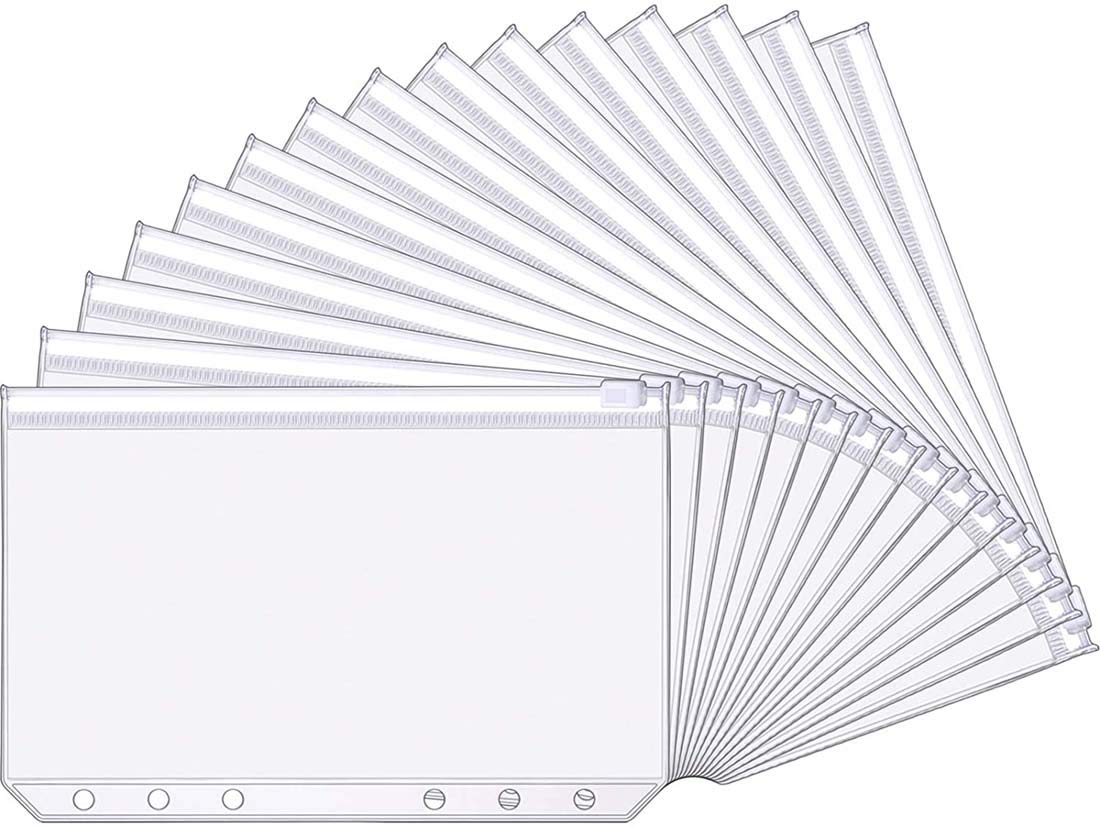 Delfino Binder Pockets, A6 Size 6 Holes Binder Zipper Folders for 6-Ring Notebook Binder Loose Leaf Bags, Waterproof PVC Pouch Document Filing Bags, Cash Budget Envelopes 15Pcs