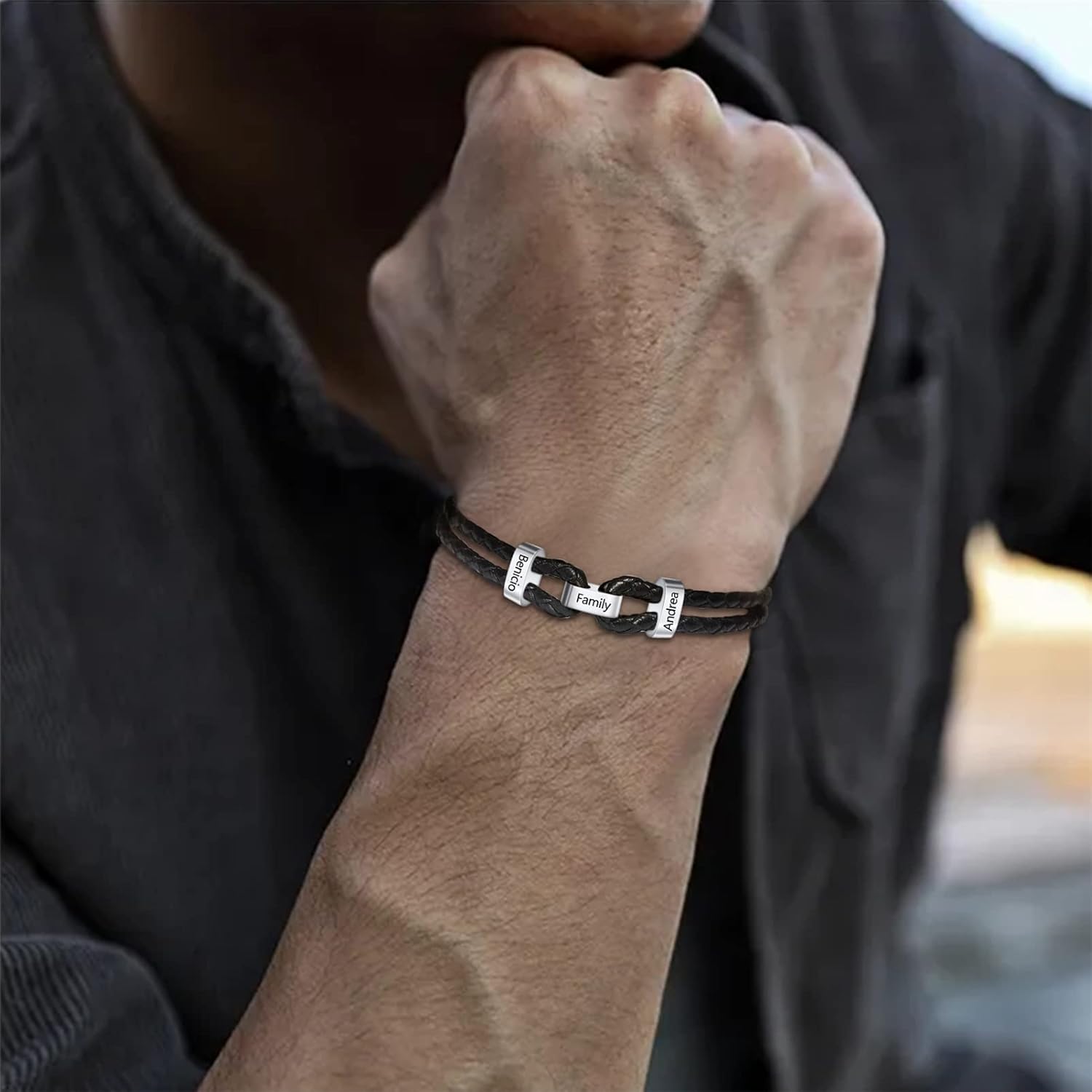 BAUMA AUTO Personalized Name Bracelets for Men with 1-9 Name Beads Men's Braided Leather Bracelet Ideal Gift for Men Father's Day