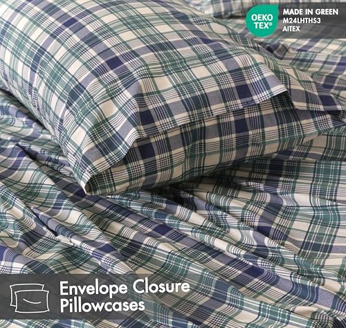 Image of RUVANTI 100% Cotton Percale Sheets Twin Size, Greenish Blue Plaid | Crisp Cooling, Deep Pocket 16 inch, Soft Breathable & Durable, Hotel-Style, 3 Piece Set