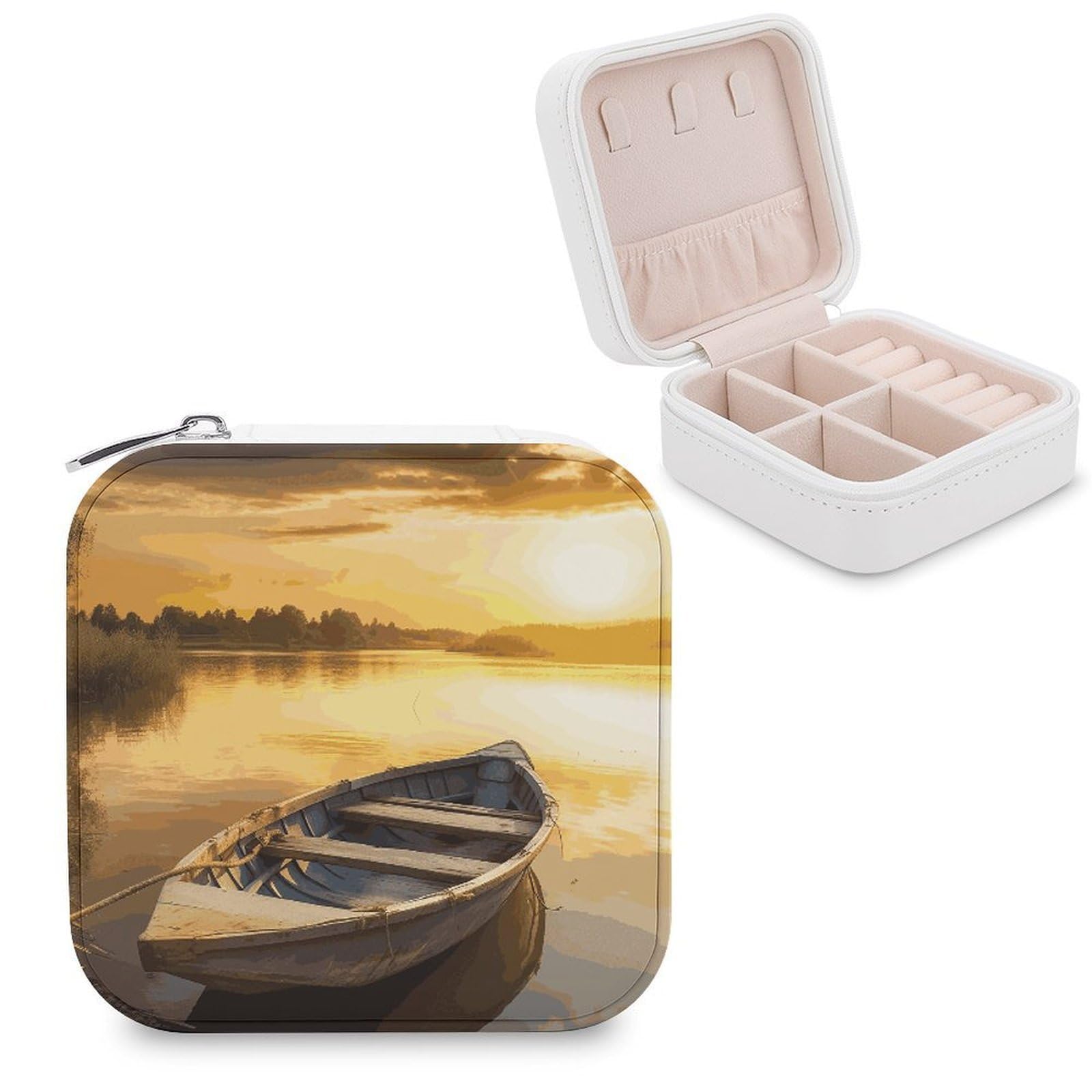 FekiLoot River Sunset Wooden Boat Jewelry Box Custom Jewelry Travel Case Pu Leather Trinket Organizer Box to Organize Ring Pendant Earring Small Portable Jewelry Storage Holder for Women