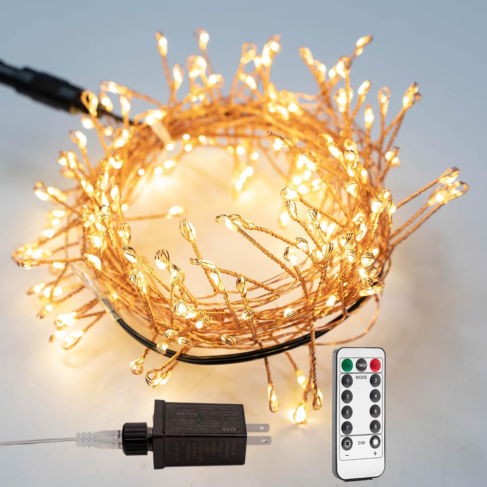 RESNICE Plug in Firecracker Lights 20FT 200 LED Warm White Copper Wire Indoor Cluster Fairy Lights with Remote Timer for Bedroom, Living Room, Tree, Garden, Porch, Patio, Backyard, Christmas Tree