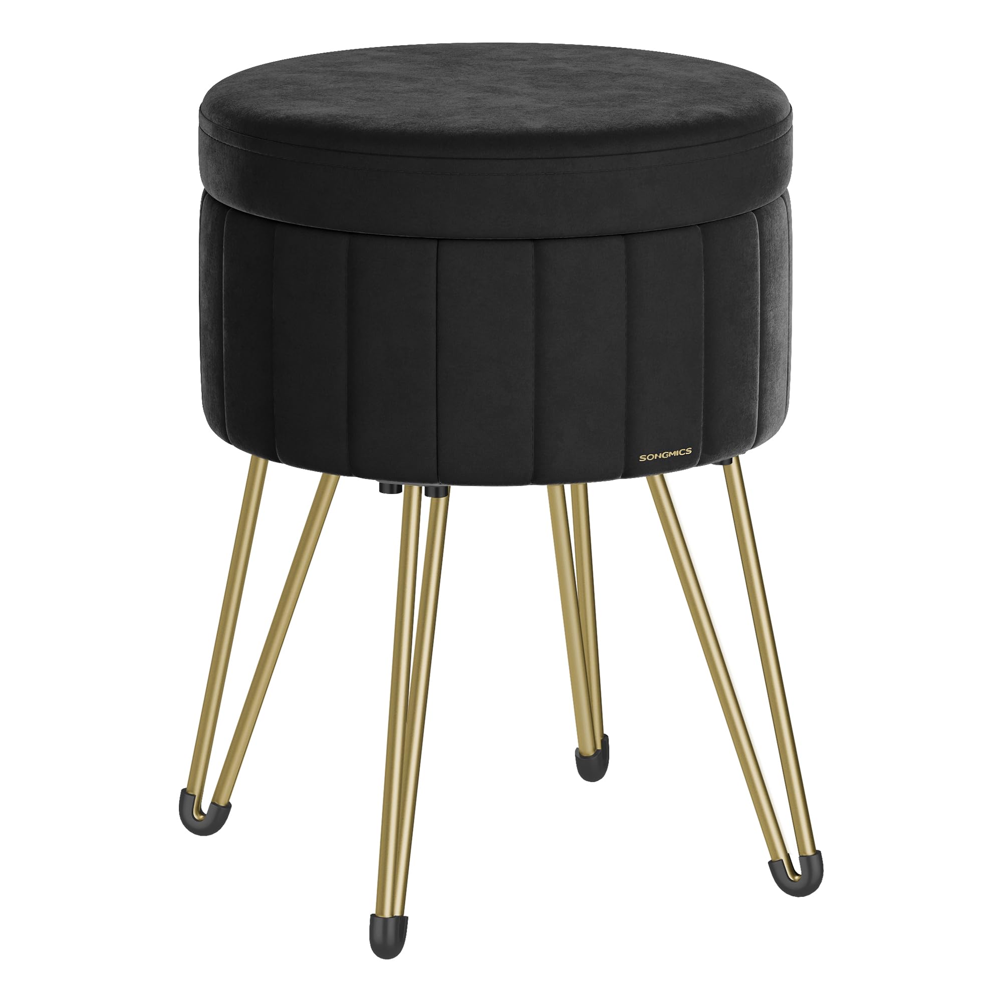 SONGMICS Puff Almacenaje, Baul Almacenaje, Banco Almacenaje Redondo, Taburete de Tocador de Terciopelo, 39 x 44,4 cm, 4 Patas de Metal, Asiento Acolchado, Negro Tinta LOM003B01