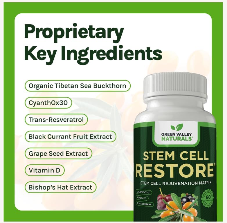 GREEN VALLEY NATURALS Stem Cell Restore | Cellular Rejuvenation Matrix with CYANTHOX™30, Black Currant, Red Grape, Resveratrol & Vitamin D Green Valley Ultra Health Support | 60 Capsules - Image 4