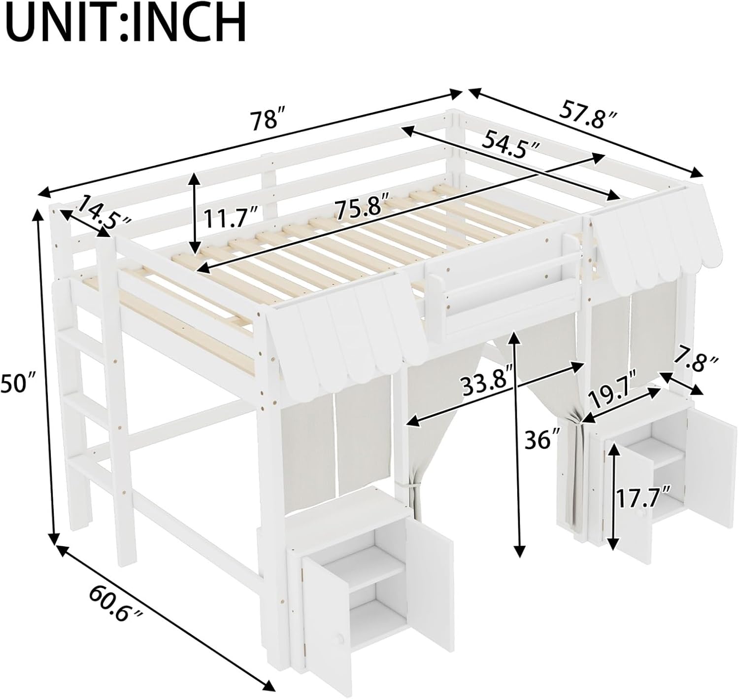 KEIKI Full House Loft Bed for Kids with Curtain, Window, Storage Cabinet & Bookshelf, Solid Wood Montessori Loft Bed Frame with Guardrails, Slats for Bedroom, Amusement Park-Inspired Playful Design