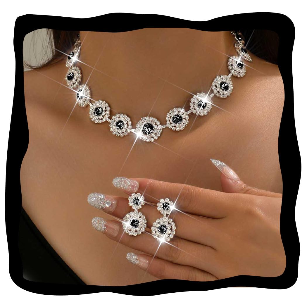 Unicra Bridal Wedding Jewelry Set Silver Rhinestone Necklace Earrings Sets Formal Costume Jewelry for Women and Brides