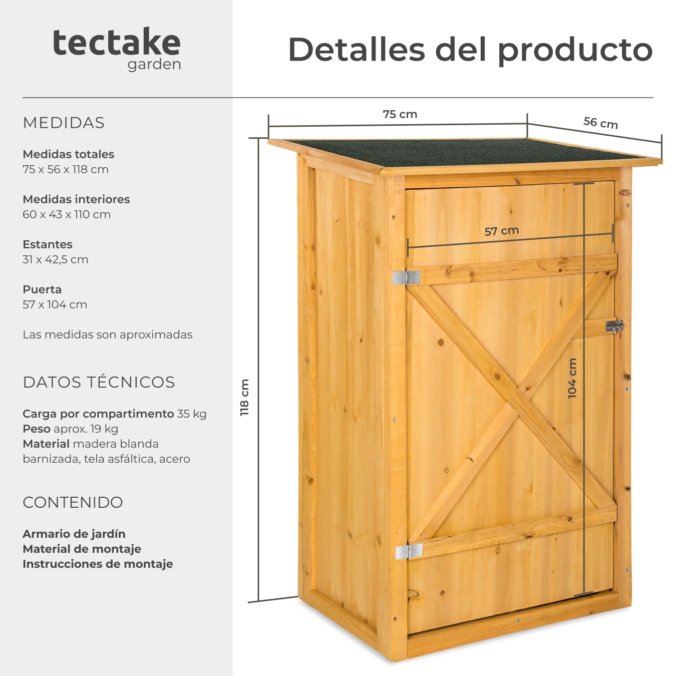 tectake® Caseta Jardín Exterior de Madera Impregnada, Impermeable, Armario Con 2 Estantes y Puerta Doble, Cobertizo, Amplio