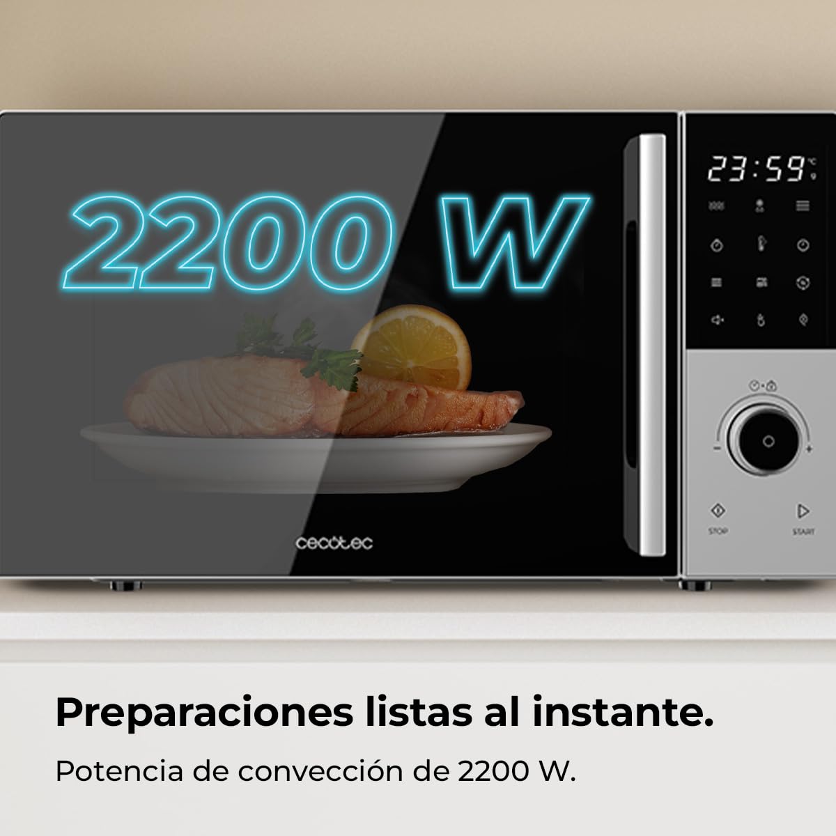 Cecotec Microondas Digital con Grill 25L Proclean 2500. 850W, Grill 1200W, Convección 2200W, 8 Programas, 5 Niveles de Potencia, Plato 315mm, Temporizador 60m, Seguridad Niños, Táctil