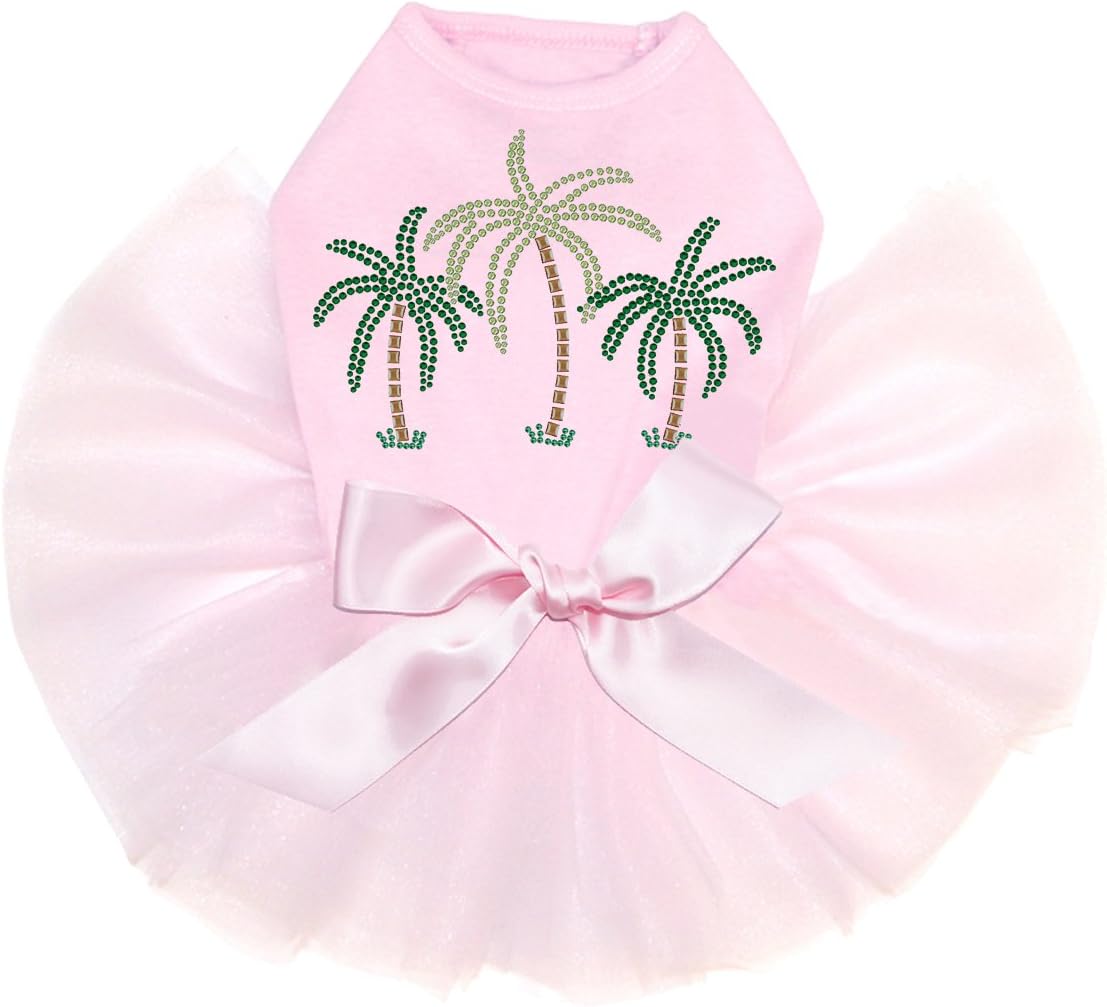 Palm Trees - Green Rhinestones - Bling Rhinestone Dog Tutu Dress, L Pink