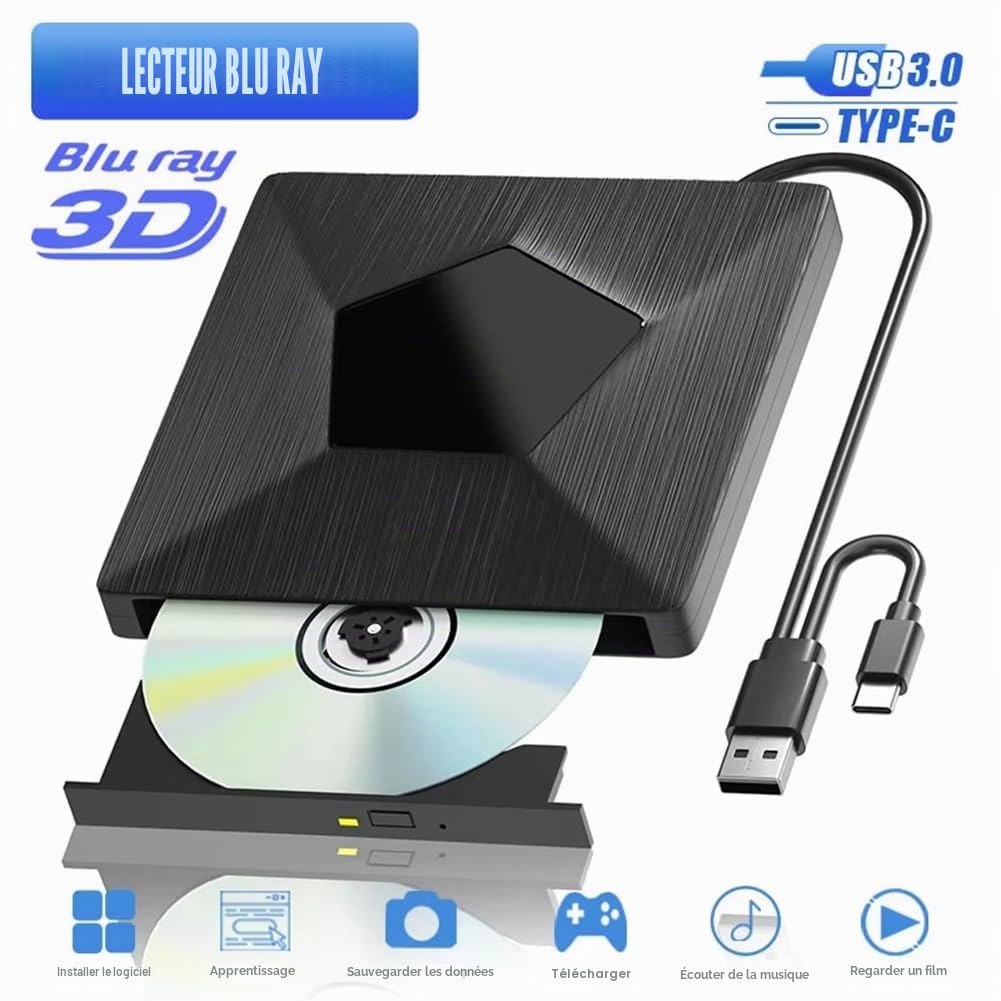 Graveur Blu-Ray Externe, Lecteur Optique Blu-Ray 3D Portable, Lecteur Blu-Ray Externe BD/CD/DVD pour PC Portable