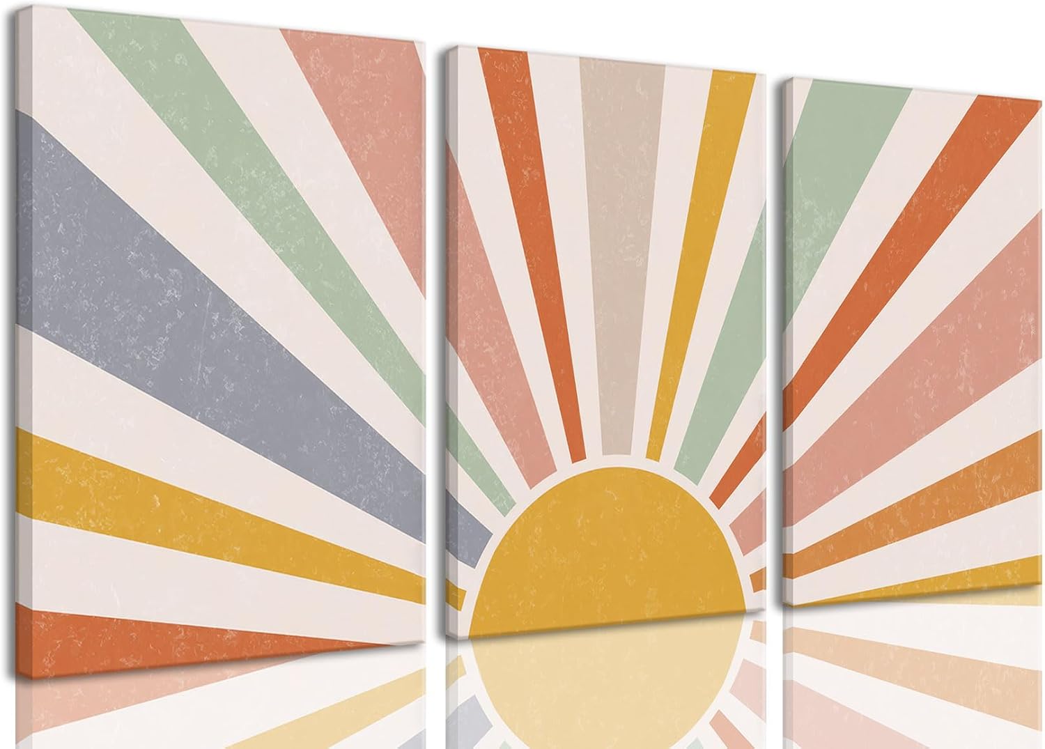 okudolit Boho Sun Canvas Wall Art prints Set of 3 Rainbow Sun Rising on Horizon Line Wall Decor Colorful Abstract Geometric Paintings Pictures for Living Room Bedroom Toddler Kids Room-16x24in