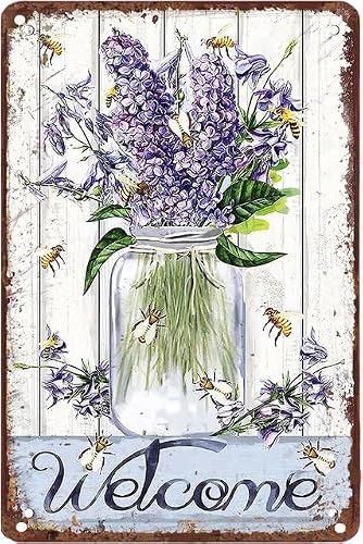 peiyeety Vintage Metal Tin Signs Welcome Lavender Flower Rustic Country Farmhouse Chic Bathroom Metal Sign Shabby Wall Decor For Home Bathroom Bedroom Wall Decor 12X8 Inch