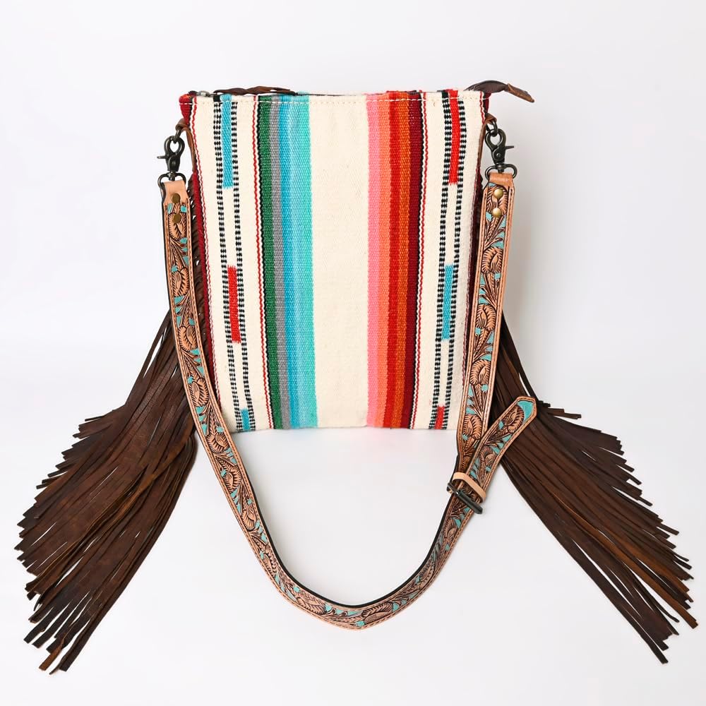 American Darling Large Cross body Bag, Hand Tooled Floral Leather, Hand Woven Saddle Blanket with Fringes, Western Crossbody