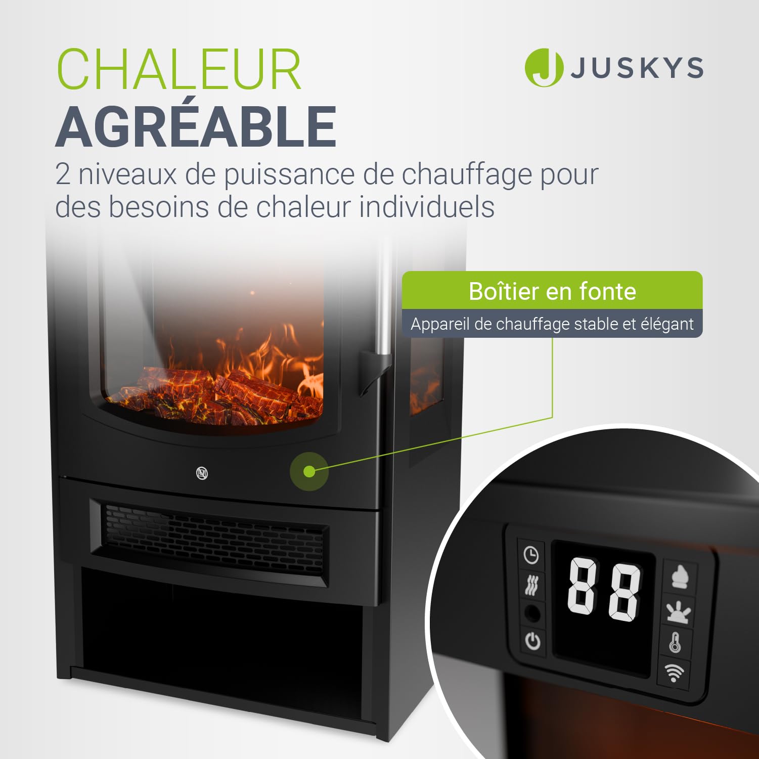 Juskys cheminée électrique 1800W – Noir, poêle électrique sur Pied avec Effet Flamme LED, WiFi/App, télécommande