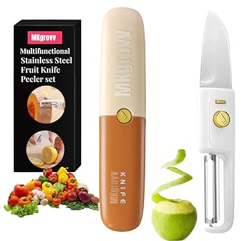 Portable 2 in 1 Kitchen Knife Potato Peeler Combo Multi Functional Stainless Steel Fruit Knife Peeler Vegetable Dual-Use Knife 120* Rotating Angle Peeling for Travel with Storage case