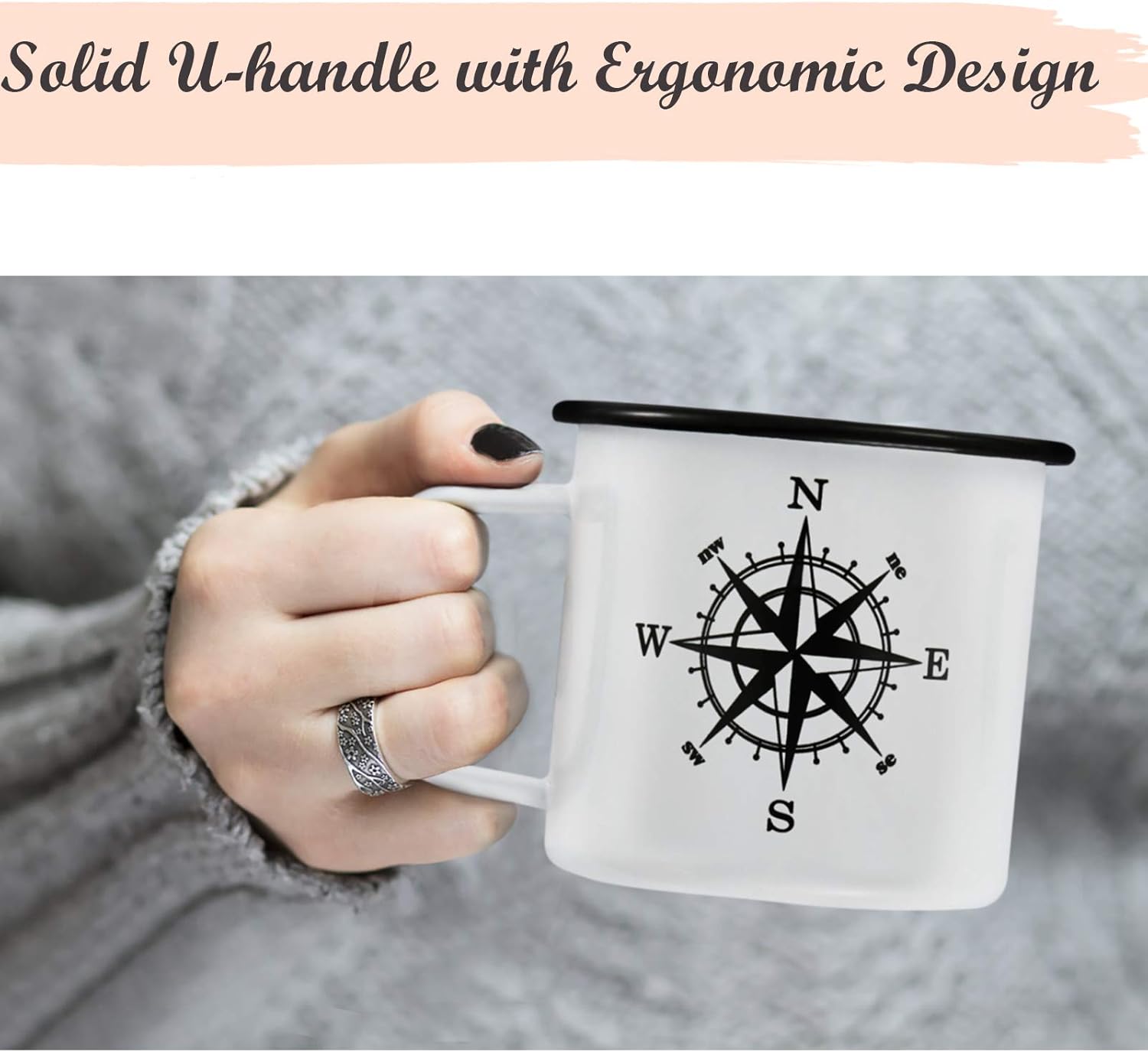 E-far Enamel Camping Mug Set of 6, 16 Ounce Metal Enamel Coffee Tea Cups for Outdoor Camping Hiking Backpacking Kids, 2-Sided Unique Graphic Design & Large Size - Colourful - Image 5