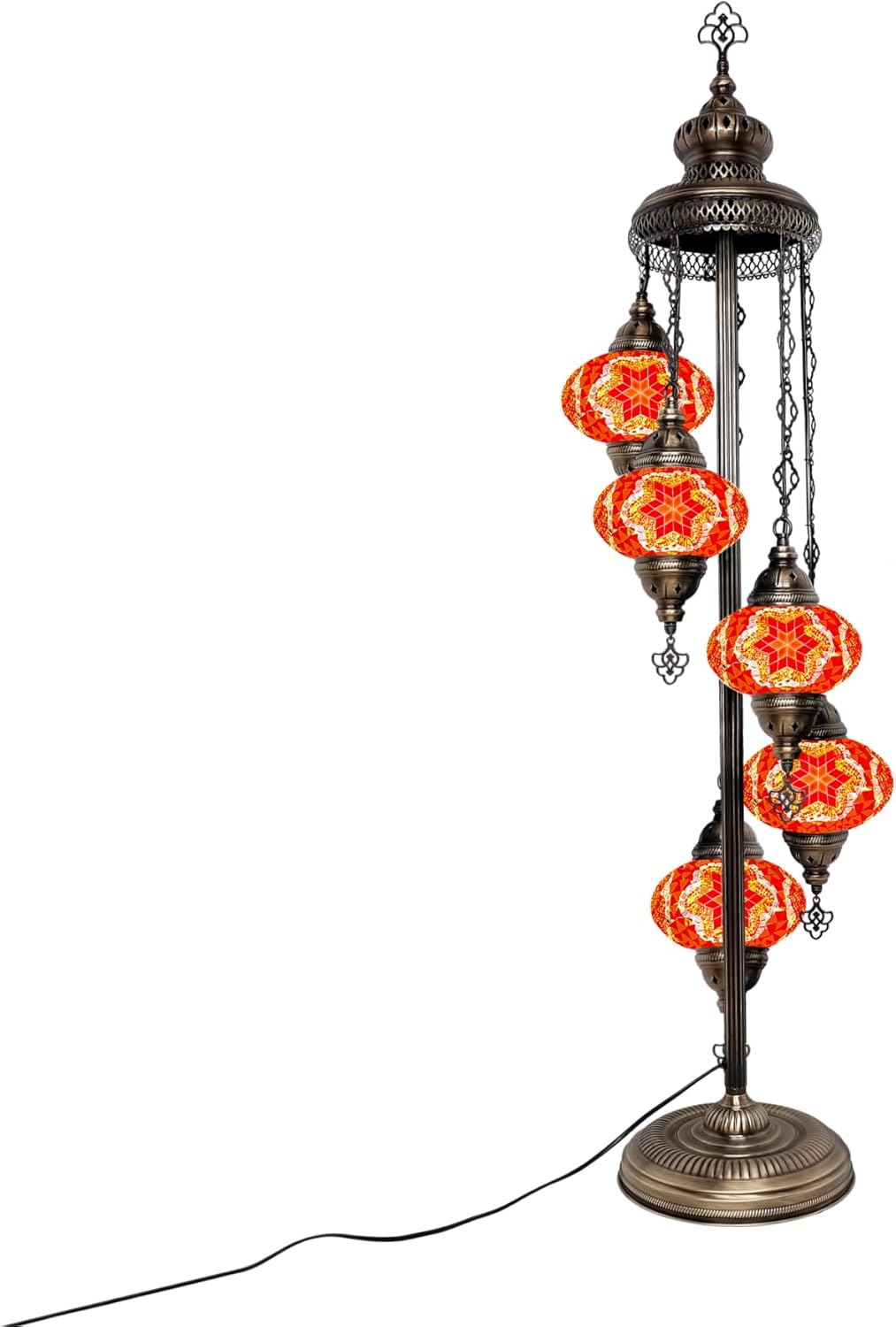 Turkish Mosaic Glass Big 7'' 5 Globe, Bohemian Floor Lamp with Stained Glass Shade - Unique Art Deco Corner Light - Moroccan Design - Tiffany Style Nightstand Lamp for Living Room (Orange Flower)