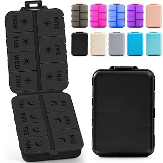 New Foldable & Double Protection Portable Weekly Pill Organizer 2 Times A Day with Etched Labels, AM PM 7 Day Week Medicine Box, Daily Travel Pill Case Dispenser for Vitamin, Supplement - All Black - Amazon product rated Grade B