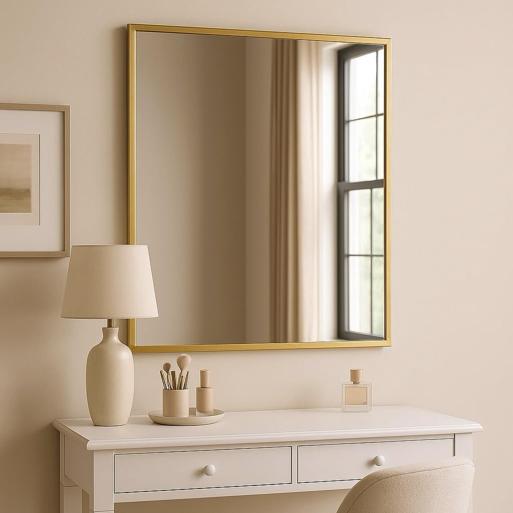 Jobu Wall Mounted Rectangle Mirror 120cm x 95cm, Gold Metal Frame