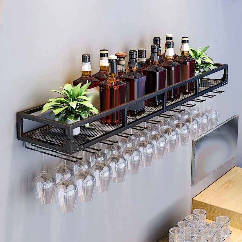 Soporte de Copas de Vino de Metal for Colgar en Pared, Estante for Copas de Vino Bajo el Mueble, for Casa, Bar, Comedor, Cocina(Zwart,80x25cm)
