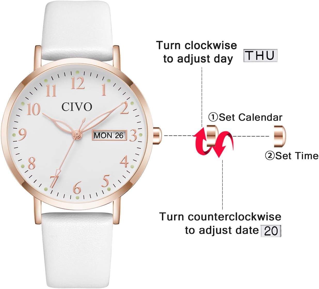 CIVO Womens Watch Leather Strap Waterproof Analog Quartz Watch Fashion Simple Elegant Dress Womens Wrist Watches - Image 5
