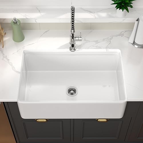 Vista 56 de Fregadero de 33 unidades de arcilla refractaria de 33 x 20 x 10 pulgadas, color blanco, fregadero de cocina de porcelana de cerámica, estilo casa