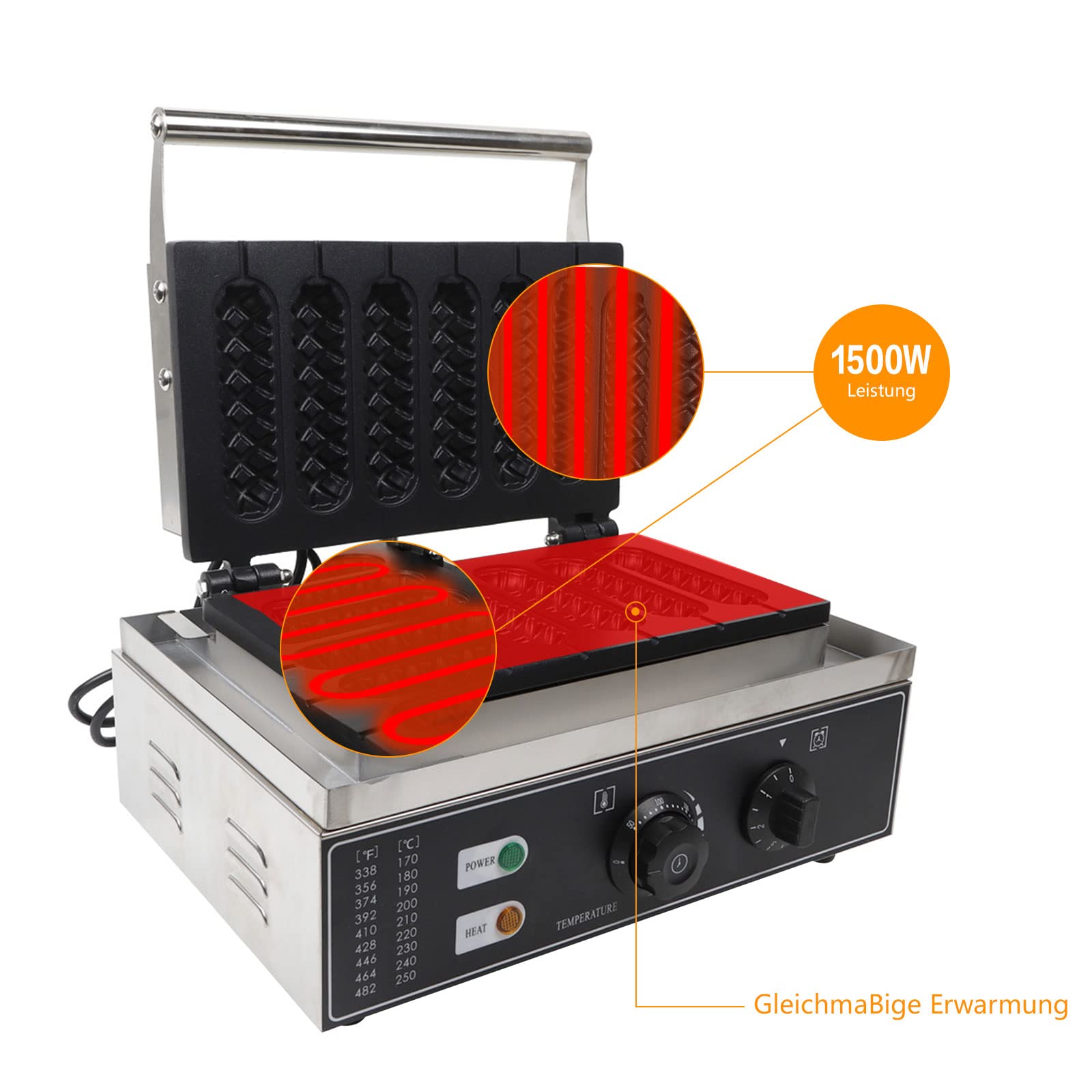 Gofrera eléctrica de acero inoxidable de 1500 W Máquina de gofres comerciales con mango para perros de maíz, gofrera, gofres de palo, utensilios de cocina