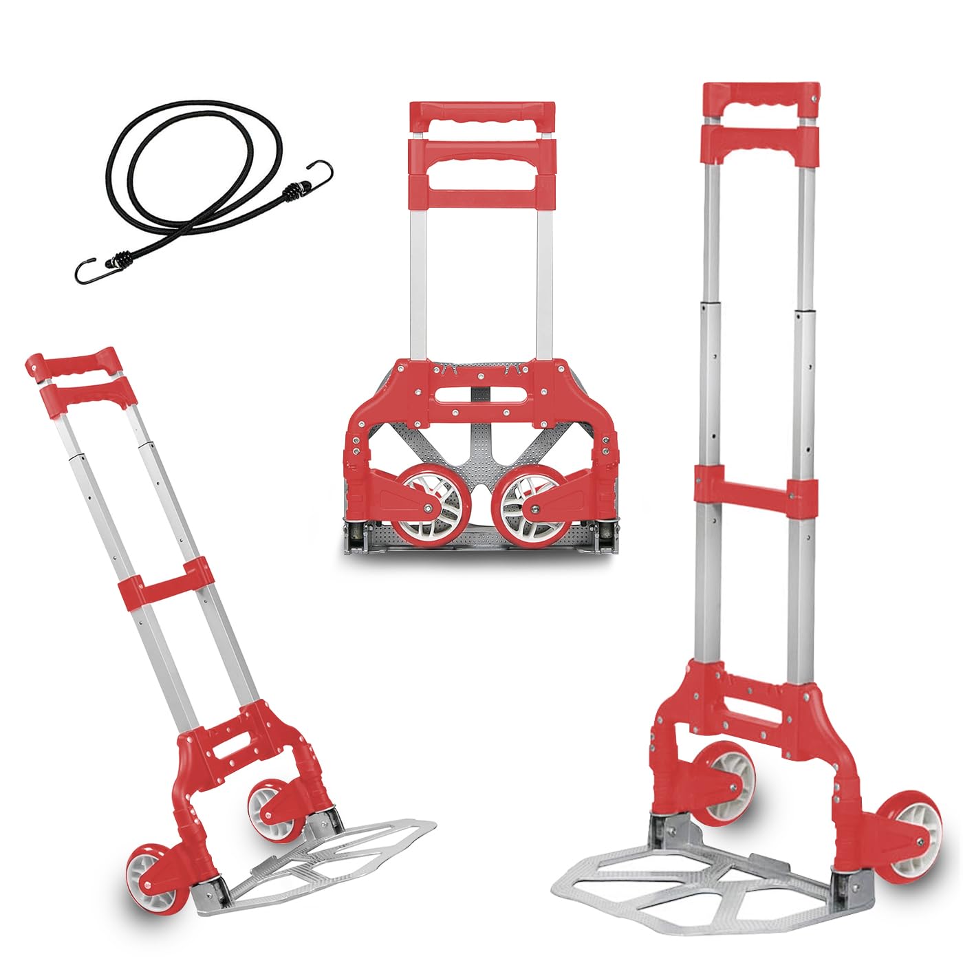 MERCURY TEXTIL- Carretilla Plegable de Aluminio con Cuerda, Carro de Mano Compacto, Portátil con Ruedas de Goma Soporta hasta 70kg para un Fácil Transporte en Viajes, Oficina y Hogar. (Rojo)