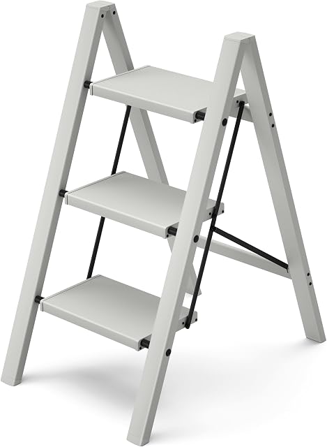 HillhutApex 3 Step Stool,Foldable Step Ladder with Anti-Slip Wide Pedal(Gray)