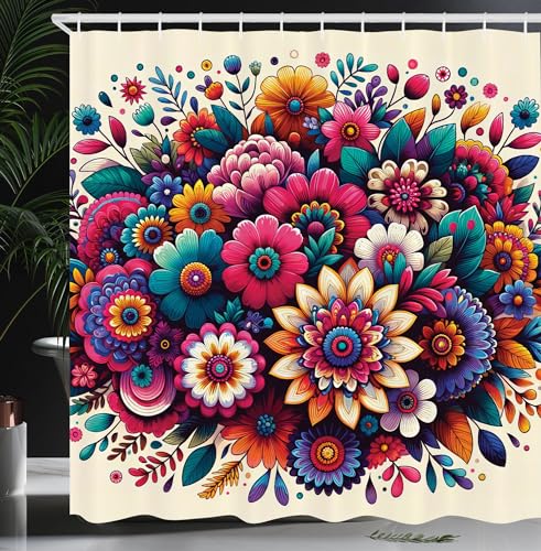 Ambesonne Boho Floral Shower Curtain, Abstract Whimsical Trippy Colorful Flowers Arrange on Beige Back, Cloth Fabric Bathroom Decor Set with Hooks, 69" W x 70" L, Hot Pink Teal Multicolor