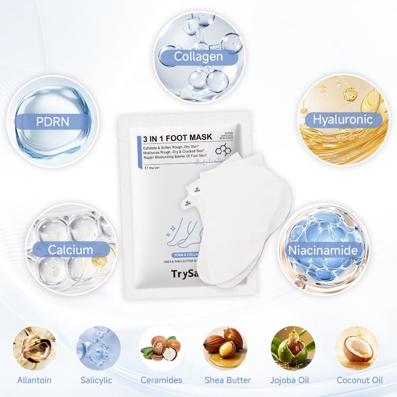 6Pairs PDRN & Collagen & Niacinamide Foot Mask | Foot Peeling and Dead Skin Removal*, Relief Dry and Cracked Feet Skin | Urea, Shea butter, Coconut oil, Salicylic Acid, Hyaluronic | K-Beauty Feet Care