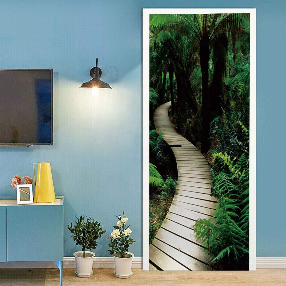Sticker de porte trompe l'oeil chemin dans les bois verts intérieur amovible 88x200