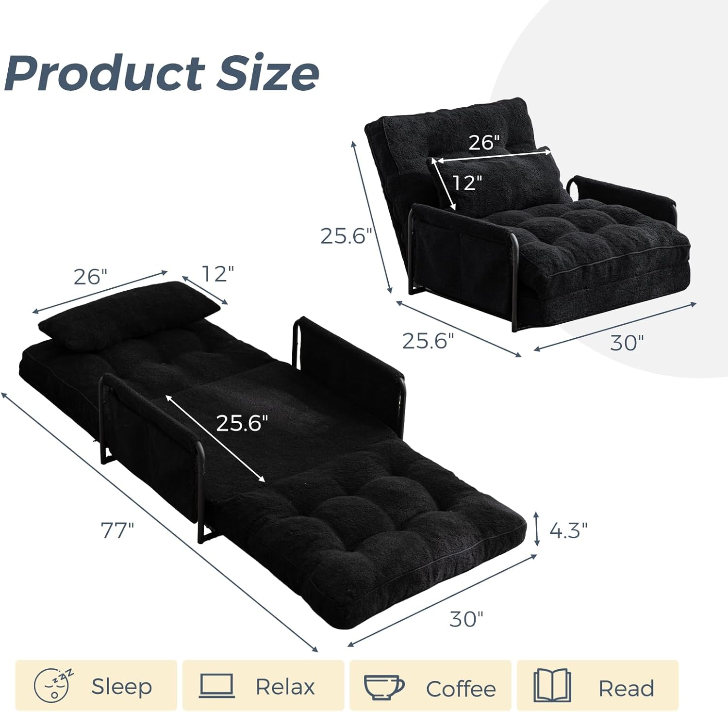 MAXYOYO Adjustable Floor Sofa Couch with Pillow, 5-Position Boucle Bean Bag Bed, Convertible Lazy Sofa Sleeper Bed with Armrest, Versatile Floor Seating Couch for Living Room Guest Room, Black, Single