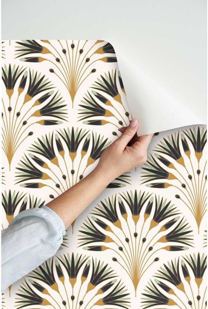 Spoonflower Peel & Stick Wallpaper 3ft x 2ft - 1920S Art Deco Flower Vintage Blue Floral Nature Gold Geometric Custom Removable Wallpaper